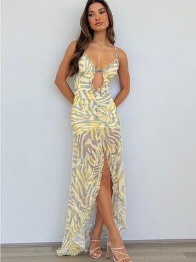 Yellow Zebra-Print Cutout Maxi Dress with Bead Detail